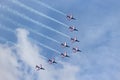 Patrouille de France, the aerobatic display team of the French Air Force Armee de lÃ¢â¬â¢Air flying Dassault-Dornier Alpha Jet E Royalty Free Stock Photo